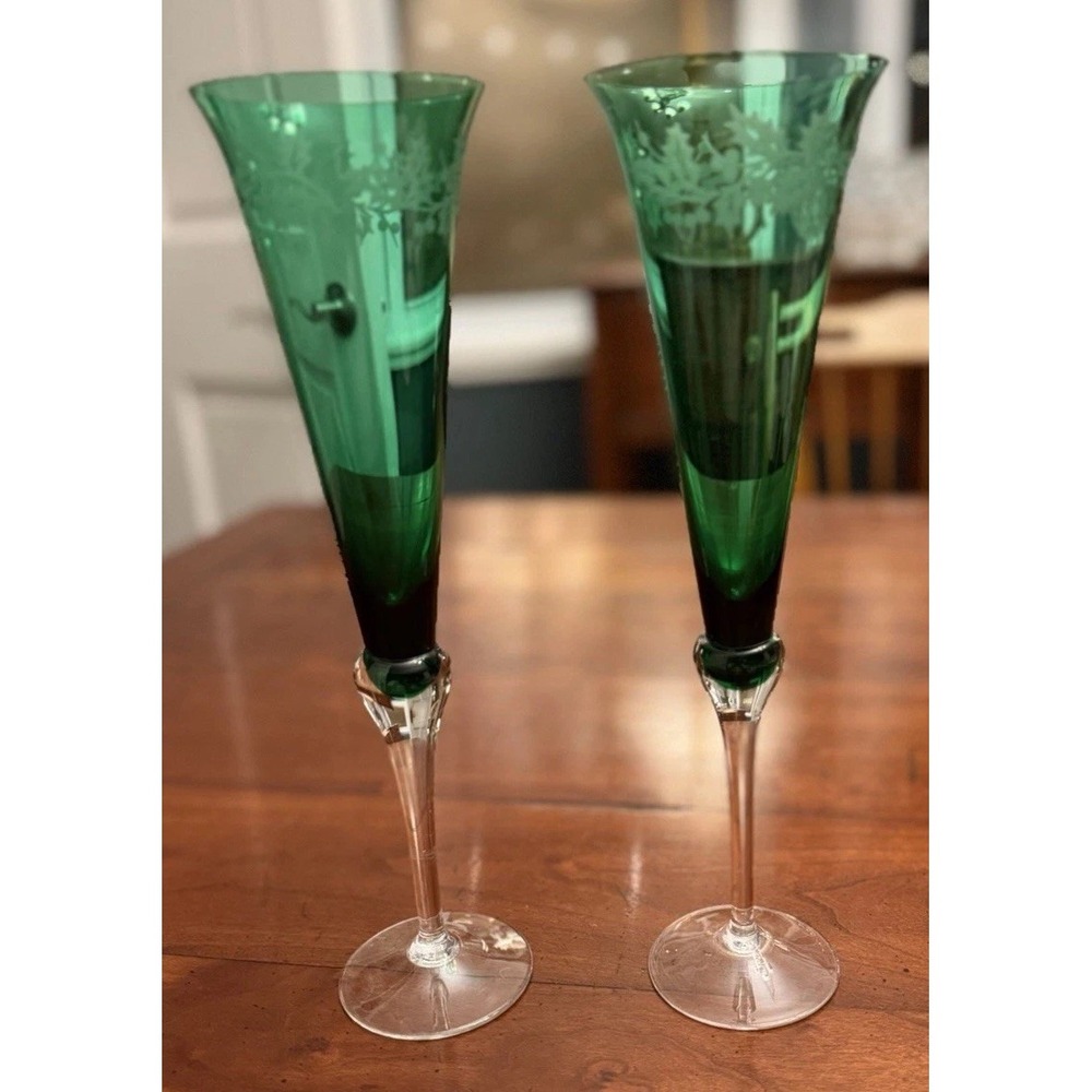 Pair of Vintage Lenox Holiday Gems Emerald Green Champagne Flutes - Set of 2